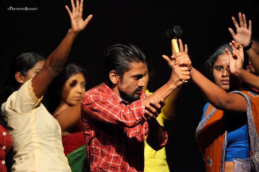 A scene of protest from the drama 'Sancharaka Kokilava'.